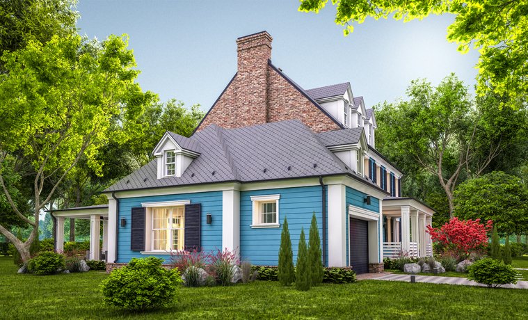 3d rendering of modern classic house in colonial style in evening